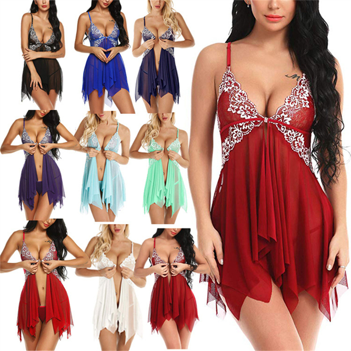 Front Button Sexy Lingerie Embroidery Sleeveless Pajamas